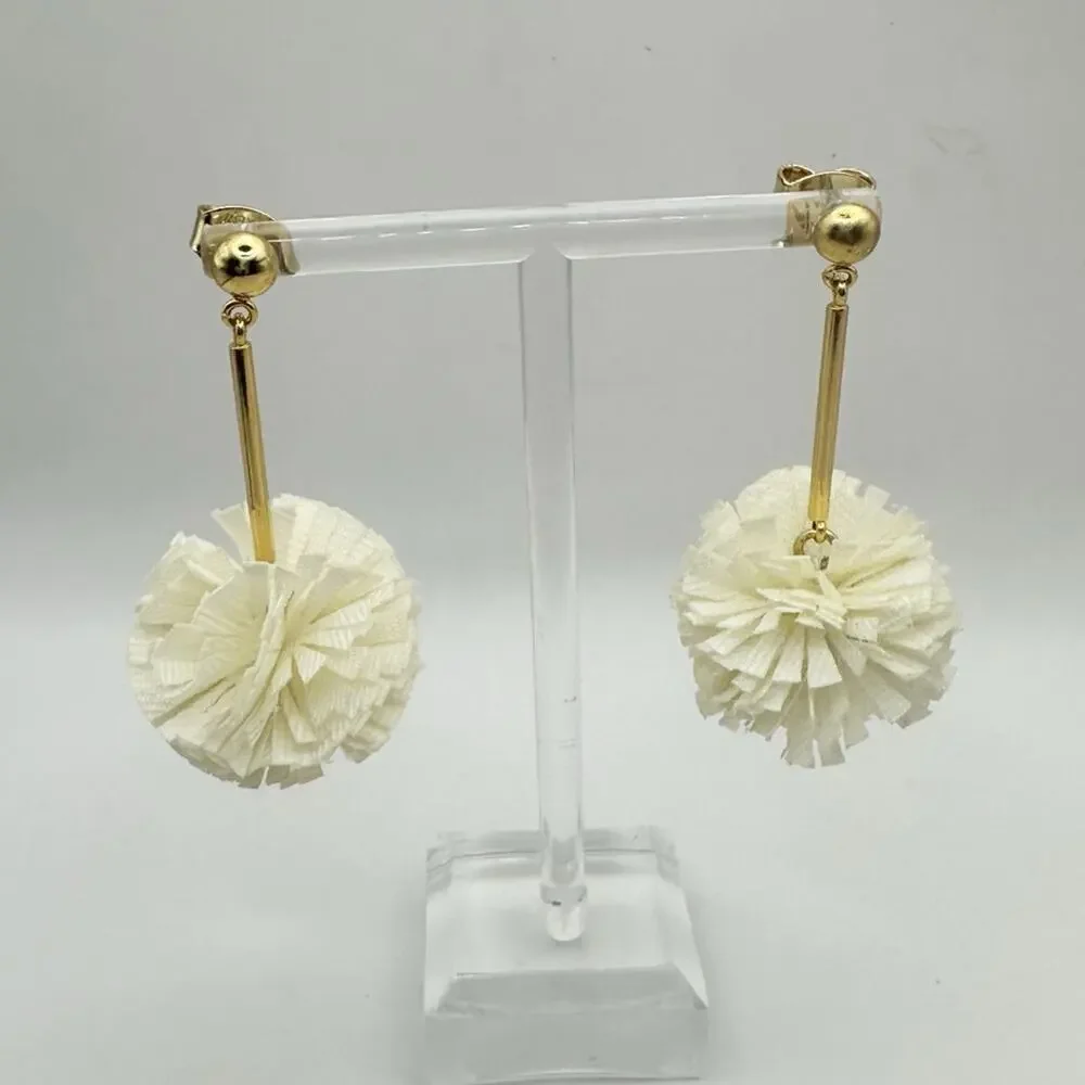 J CREW Pom Pom Earrings Dangle Drop Carnation Flower Gold tone Casual Jewelry
